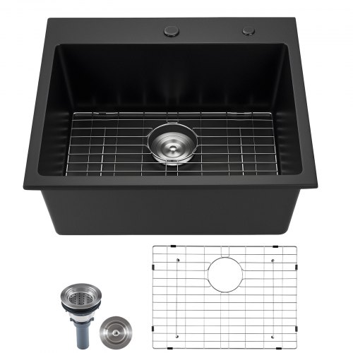 VEVOR 63 cm Kitchen Sink Workstation, Top Mount Granite Sinks, Drop-In Single Bowl Farmhouse Basin with Multiple Accessories, Household Dishwasher Sinks for RV, Prep Kitchen, and Bar (Black)