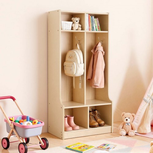 VEVOR 2-Section Kids Coat Locker, Wooden Toddler Cubby Storage Organizer with 4 Hooks & Anti-Tip Kit, Modern Kid Coat Cubbies with 4 Small Open Storage Boxes for Home, Kindergarten, Daycare, Natural