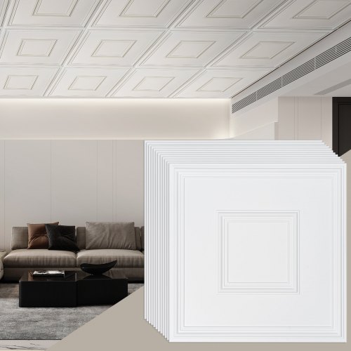 VEVOR Ceiling Tiles, 12-Pack 24 x 24 in, Drop Ceiling Tiles Premium PVC Sheet, Easy Installation/ Cutting Plastic Glue-up Ceiling Tile, Ceiling Covering for Home/Office Decoration, White Geometric