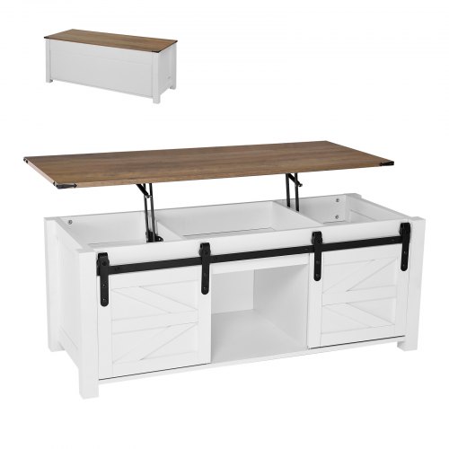 VEVOR 1200 mm Farmhouse Lift Top Coffee Table, Rustic Center Table with Barn Door and Hidden Storage Compartment, Modern Rectangle Lifting Tabletop for Living Room, Office, Home, Easy Assembly, White