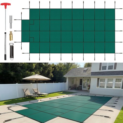 VEVOR Pool Safety Cover Fits 18x36ft Rectangle Inground Pools, Safety Pool Cover with 4x10ft Center End Step, Mesh Solid Pool Cover with Drainage Holes for Swimming Pool, Winter Safety Cover, Green