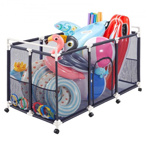 VEVOR Pool Storage Bin, 159 x 81.5 x 91.5 cm, Rolling Pool Float Storage Organizer with Side Pockets & Casters, Durable Plastic Frame, Poolside Toys Noodles Holder Mesh Basket for Swimming Pools