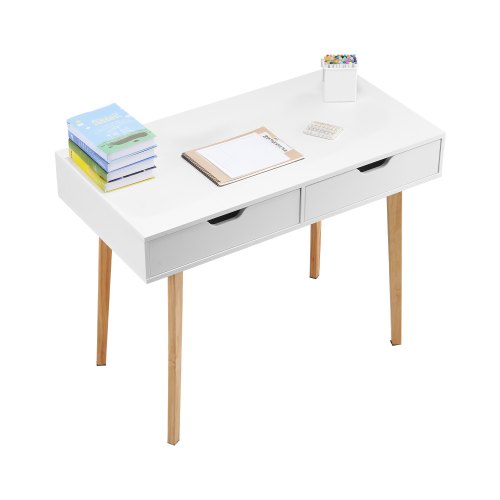 VEVOR Small Desk with Drawers, Kids Desk for Bedroom, Wooden Simple Study Table for Drawing, Reading, Writing, Rectangle MDF Furniture Study Storage Table for Home, Office, White + Wood