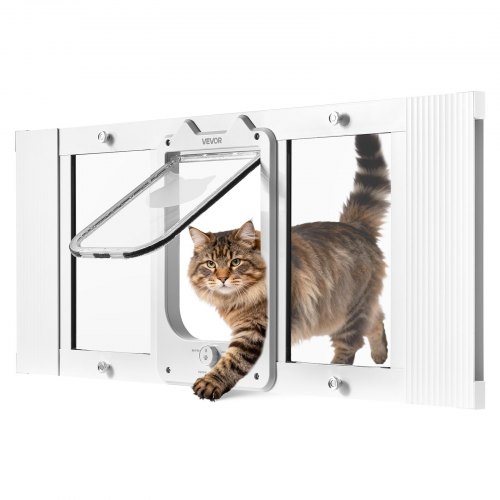 VEVOR Cat Door for Window, Adjustable to Fit Window Width 787-914 mm, 4 Secure Lock Modes, Aluminum Frame and High-Transparency Glass, Magnetic Closure, Weatherproof Quick-Fit Pet Door for Cats, White