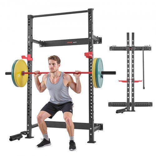 VEVOR Folding Power Cage, Wall-Mounted Power Rack Squat Rack, Multifunctional Strength Training Workout Equipment with Landmine Holder, Adjustable J-Hooks & Pull-Up Bar for Home Gym, 545KG Capacity
