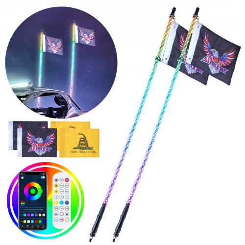 VEVOR 2 PCS 5 FT Whip Light, APP & RF Remote Control Led Whip Light, Waterproof 360° Spiral RGB Chasing Lighted Whips with 4 Flags, for UTVs, ATVs, Motorcycles, RZR, Can-am, Trucks, Off-road, Go-karts