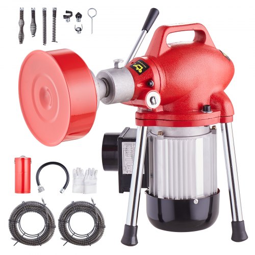VEVOR Drain Cleaner Machine 120FT x 5/8 Inch, 370W Electric Sewer Snake Auger Manual Feed - with 2 Sectional Steel Cables(120' x 5/8" and 23' x 3/8"), 7 Cutters and CW/CCW Control for 1.6" to 4" Pipes