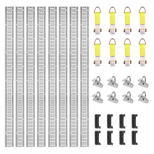 VEVOR E Track Tie-Down Rail Kit, 24PCS 5' E-Tracks Set Includes 8 Steel Rails & 8 O-Ring Anchors & 8 Tie-Offs with D-Ring, Versatile Securing Accessories for Cargo Motorcycles Bikes, 2000 lbs Load