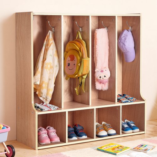 VEVOR 4-Section Kids Coat Locker, Wooden Toddler Cubby Storage Organizer with 8 Hooks & Non-Slip Mat, Modern Kid Coat Cubbies with 4 Small Open Storage Boxes for Home, Kindergarten, Daycare, Natural