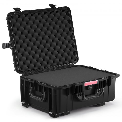 VEVOR 2.5 Cu.ft Weatherproof Hard Case, Waterproof Hard Case with Rolling Wheels and Retractable Pull Handle, IP67 Waterproof Protective Case with 4 Clips, 4 Padlock Holes, and Foam Inserted, Black