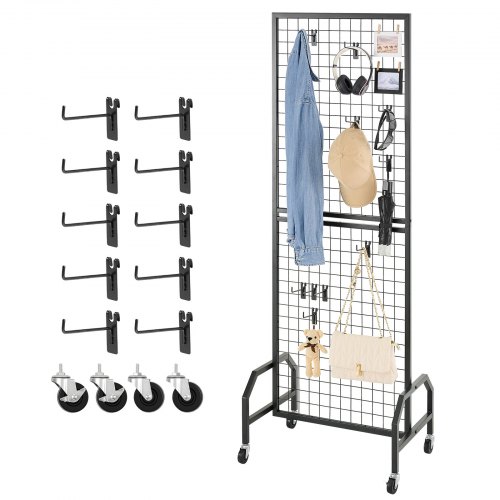 VEVOR Grid Wall Panel, 600 x 1640 mm Wire Grid Panels Display Rack, Movable Art Display Shelf with Wheels and 10 Hooks, Black Carbon Steel Gridwall for Craft Show, Decoration, Storage, Notice Board