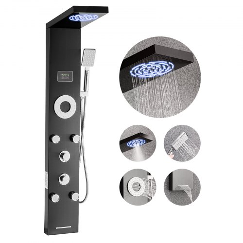VEVOR Shower Panel Tower System with Rainfall Shower Head, LED, 53 in Brushed Stainless Steel Shower Column, 6-Function Faucet, Wall-Mount Rain Massage System with 5 Body Jets, Handheld, Tub Spout