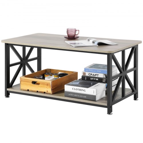 VEVOR 40" Farmhouse Coffee Table, Rectangle Coffee Table with Open Storage Compartment, Wooden Rustic Cocktail Table for Living Room, Bedroom, Apartment, Studio, Brown & Black