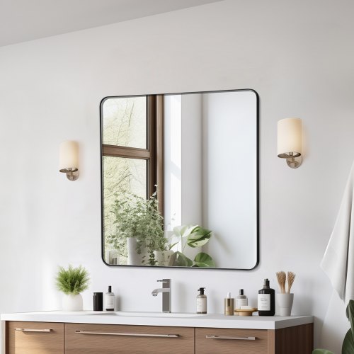 VEVOR Wall Mounted Makeup Mirror, 0.15" Thick, 36" x 36" Mirror with Aluminium Alloy Frame & Explosion-Proof Film, Scratch-Resistant Mirror with Z-Shaped Bracket, Fit for Bathroom/Bedroom/Living Room