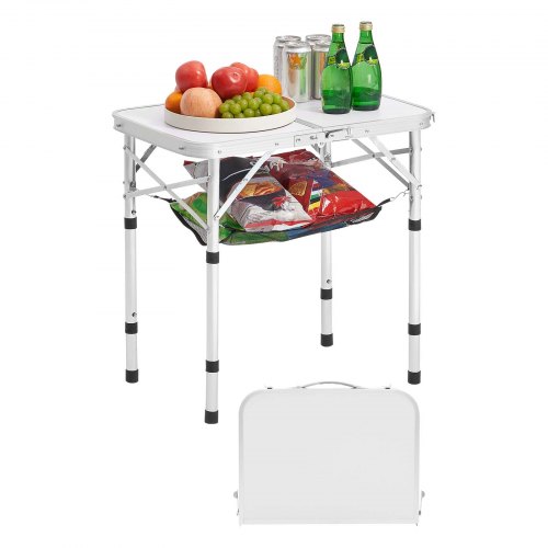 VEVOR Folding Camping Table, Adjustable Height Portable Side Tables, Aluminum MDF Beach Table with Mesh Layer, Carrying Handle, Lightweight Compact for Outdoor Picnic BBQ Cooking, 24x16in, Silver