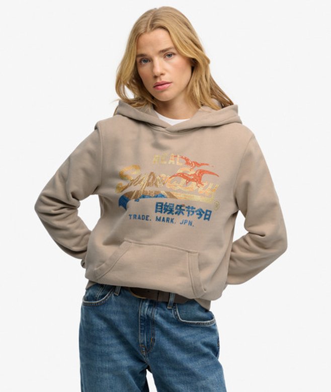 Superdry Damen Tokyo Vintage Logo Hoodie in Lockerer Passform Grey - Größe: 40