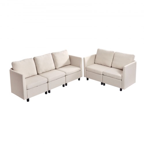 VEVOR Modulsoffa, Modern 5-sits modulär soffa med dold förvaring, Cloud-soffa med hög retursvamp, klädd i massivt trä, bekväm soffa för vardagsrum, sovrum, beige