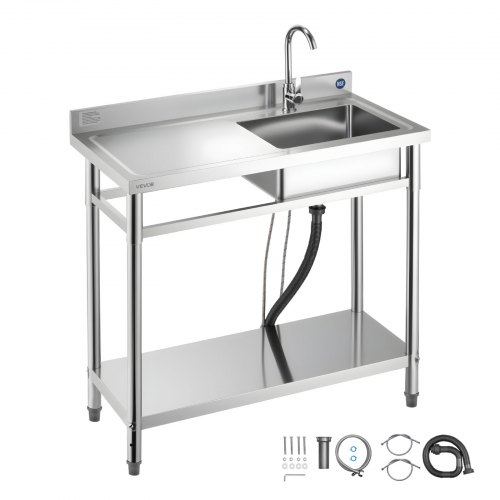 VEVOR diskho i rostfritt stål, fristående diskho för kommersiellt kök med kran, 1000 x 500 x 940 mm, vänster handfat med varm- och kallvattenrör för garage, restaurang, tvättstuga