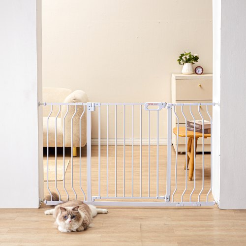 VEVOR Babygrind, 79-138 cm extra bred, 76 cm hög, hundgrind för trappor, dörröppningar och hus, enkel gång genom steg, automatisk stängning, barngrind, säkerhetsgrind för husdjur med tryckmonteringssats och väggmonteringssats, vit