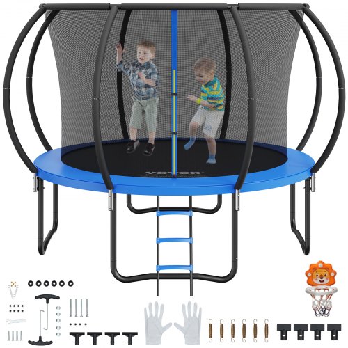 VEVOR 10FT studsmatta, 136 kg studsmatta med nät, stege och böjd stång, kraftig studsmatta med hoppmatta och fjäderstoppning, utomhusstudsmatta för barn och vuxna