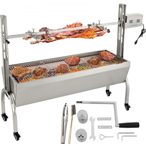 VEVOR Rotisserie Grill, 132lbs Stainless Steel BBQ Pig Lamb Spit Grill Roaster, Roasting Box with 40W Motor & Adjustable Height & Lockable Casters for Outdoor Camping Party Campfire Barbecue