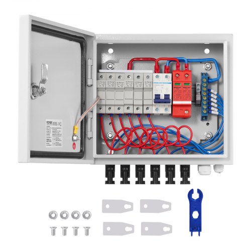 VEVOR PV Combiner Box, 6 String, Solar Combiner Box with 10A Rated Current Fuse 63A Circuit Breaker Lightning Arrester and Solar Connector, Steel Case for On / Off Grid Solar Panel System, IP65
