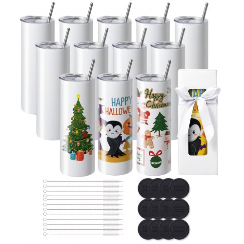 VEVOR 12-pack raka sublimeringsglas, 591,5 ml Blank tumbler Bulk, rostfritt stål dubbelväggiga glaskoppar med sugrör, lock, borste, bas, krympplast, presentförpackning, för värmepress och värmeöverföring