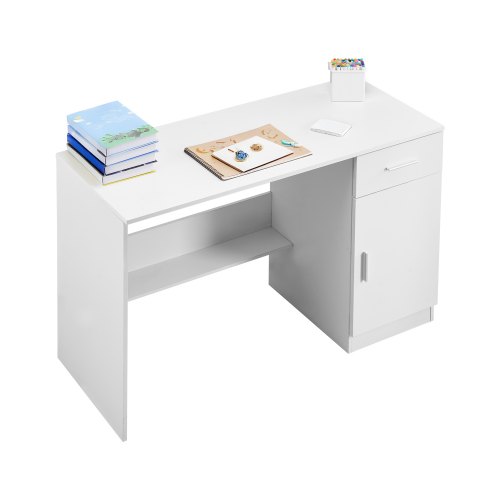 VEVOR Small Desk with Drawer, Kids Desk for Bedroom, Wooden Simple Study Table for Drawing, Reading, Writing, Rectangle MDF Study Storage Table with Adjustable Shelf for Home, Office, White