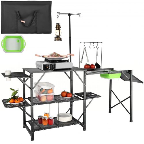 VEVOR Camping Kitchen Table, One-piece Folding Portable Cook Station with A Carrying Bag, Long Aluminum Camping Table 3 Side Tables, 2 Shelves & A Detachable Sink for Outdoor Picnics, BBQs, Camping