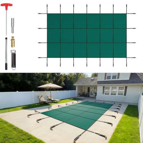 VEVOR Pool Safety Cover Fits 16x30ft Rectangle Inground Pools, Safety Pool Cover with Drainage Holes, Mesh Solid Pool Cover for Swimming Pool, Winter Safety Cover, Green