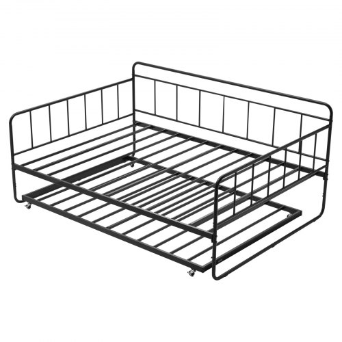 VEVOR Fullstor dagbäddsram, dagbädd med utdragssäng, kraftig metallplattformssängram, hel dagbädd med metallribbor för vardagsrum, sovrum, gästrum, enkel montering, svart
