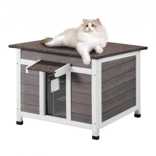 VEVOR Utomhuskatthus Väderbeständigt, Vildkattskydd för flera katter, Utomhuskatthus i trä för katt och kanin med fönster, öppet tak och PVC-dörrflikar, 61 cm L x 53 cm B x 43 cm H