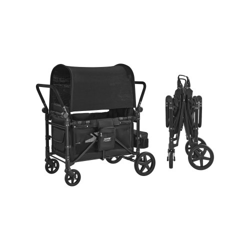 VEVOR Wagon Stroller for 4 Kids, Push Pull Quad Collapsible Stroller with Adjustable Handle, 5-Point Safety Harness & Removable Canopy, 4-Seater Stroller Wagon for Camping, Black (330LBS Loading)