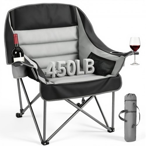 VEVOR Oversized Camping Chairs, 204 kg Heavy Duty Support, Portable Padded Folding Camp Chairs with Dual Cup Holders & Wine Glass Holders, Carry Bag for Outdoor, Fishing, Black & Gray, 1 Pack