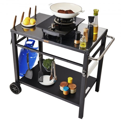 VEVOR Grillvagn för utomhusbruk med dubbla hyllor, flyttbart grillbord för matlagning, multifunktionell järnbordsskiva, bärbara modulära vagnar för pizzaugn, arbetsbord med 2 hjul, bärhandtag, svart