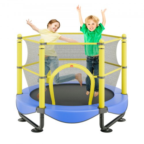 VEVOR 1,5 meter studsmatta för barn, 150 cm inomhus- och utomhusstudsmatta med säkerhetsnät, basketkorg och havsbollar, mini-studsmatta för småbarn, födelsedagspresenter för barn från 3 år