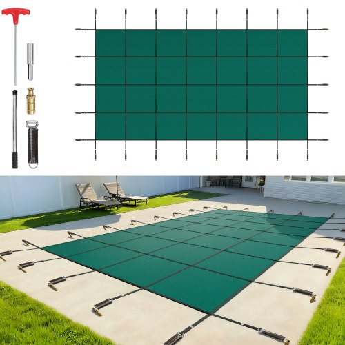 VEVOR Poolskydd passar 18x36ft rektangulära markpooler, säkerhetspoolskydd med dräneringshål, nätbassängskydd för pool, vinterskydd, grönt