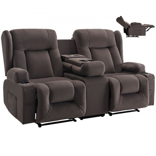 VEVOR Loveseat-fåtölj, elektrisk vilsoffa med värme och massage, elektrisk fåtölj i mocka med mittkonsol, USB-portar, mugghållare och sidoväskor, dubbel loveseat-fåtölj för vardagsrum