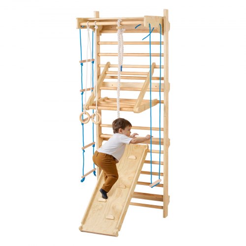 VEVOR Svenskt Stege Vägggym, 8-i-1 15 nivåer massivt trä inomhus klättergym, 220lbs väggbåsstänger klätterlekset med väggstege, glidbräda, pull-up-stång, gymringar, gungstol, repstege