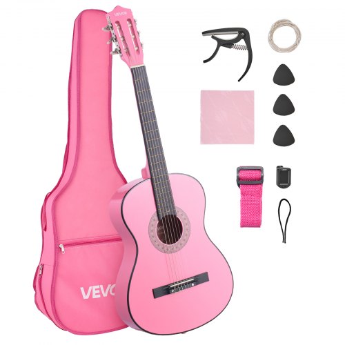 VEVOR Klassisk Gitarr, 960 mm, Startkit för Klassisk Gitarr i Trä för Nybörjare, med Nylonsträngar, Gigbag, Rem, Stämapparat, Extra Strängar, Plektrum, Capo, Lindträ, för Tonåringar Vuxna Studenter, Rosa