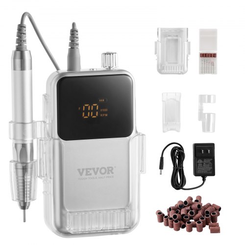 VEVOR Elektrisk Sladdlös Nagelborr - med Högvridmoment 35000RRM Borstlös Motor, Uppladdningsbar Nagelfilsmaskin med 6 Bits & 50ST Slipband för Akryl Gelnaglar, Bärbart Manikyr Pedikyrverktyg