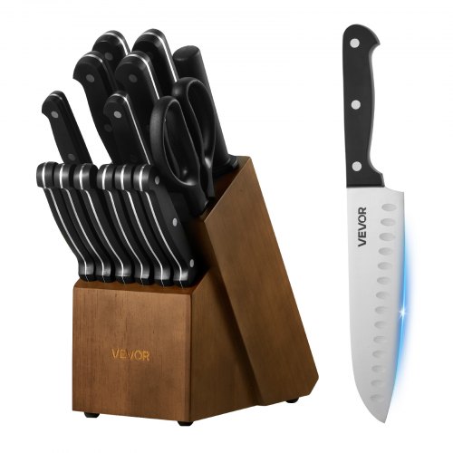VEVOR Köksknivset med block och slipare, 15-delat tyskt knivset i rostfritt stål med hög kolhalt, köksbestick med ergonomiskt ABS-handtag, slipstång och träblock, för hemmakockar