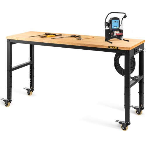 VEVOR Arbetsbänk med justerbar höjd, 155 x 51 cm garagebord med höjder 80–105 cm och 720 kg kapacitet, med eluttag och bordsskiva i trä, metallram och svänghjul, för kontor, hemmaverkstad