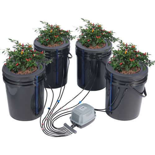 VEVOR DWC hydroponiskt odlingssystem, hydroponiskt odlingssystem med toppdroppskit, djupvattenkultur, 5-gallon, 4 hinkar, med luftpump, luftstenar och vattennivåanordning för bladgrönsaker