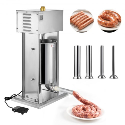 VEVOR Elektrisk Korvfyllare, 12 L Vertikal Köttfyllare, Steglös Hastighetskontroll och Fotpedal, Robust Korvfyllare i Rostfritt Stål med 4 Fyllningsrör, För Kommersiellt & Hembruk