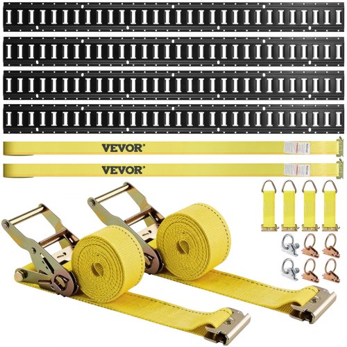 VEVOR E Track Tie-Down Rail Kit, 18PCS 5FT E-Spår Set innehåller 4 stålskenor & 2 enkelspår & 6 O-ringar & 4 fästanordningar med D-ring & 2 spärrband, Säkringstillbehör för lastmotorcyklar