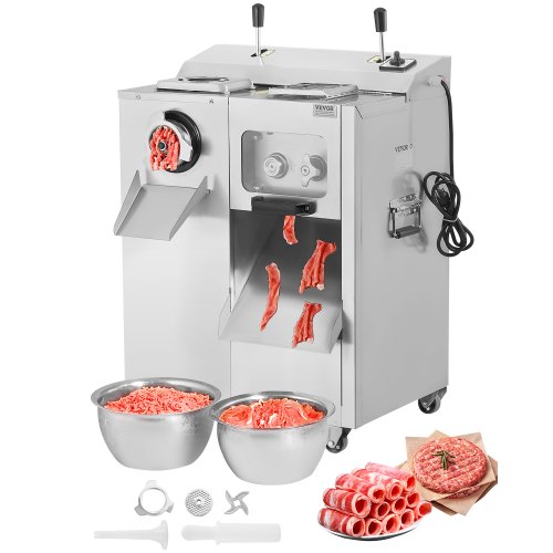 VEVOR köttkvarn, 14 lbs/min elektrisk köttkvarn, skivare, korvfyllare med blad, malplatta, korvtillverkare, köttkvarnsskåp i rostfritt stål för skivstrimling, restaurangslaktare