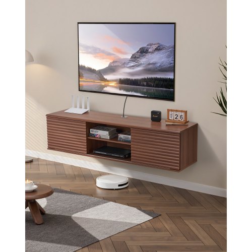 VEVOR Flytande TV-stativ, 60" väggmonterat underhållningscenter med justerbar hylla och skjutdörrar, 2 nivåer flytande TV-hylla med förvaringsskåp för DVD-spelare, kabel-TV-box, spelkonsol, valnöt