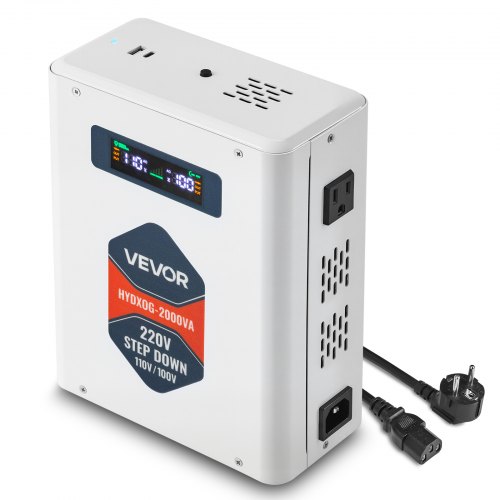 VEVOR Steg-down spänningsomvandlare, 2000VA, Kraftig spänningsomvandlare, 220V till 110V transformator, med 2 US-uttag, USB-utgång, LCD-display, temperaturskydd, för 110V-apparater