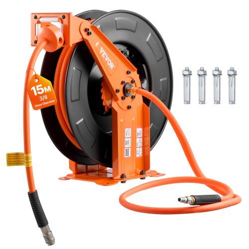 VEVOR Indragbar luftslangvinda, 15m x 9,5mm hybridluftslang Max 300PSI, Automatisk återlindning av luftkompressorslangvinda med 1,52m genomföring, Tak-/väggmontering Kraftig stålslang med dubbel arm